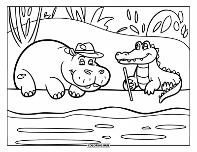Coloriage d'hippopotame pour enfants : Un hippopotame et un crocodile se détendent paisiblement de part et d'autre d'une rive tranquille