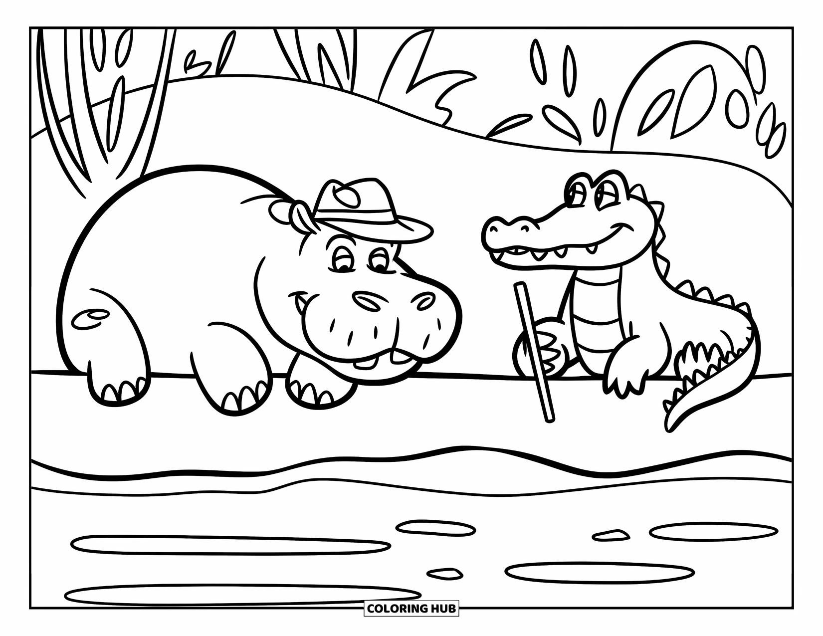 Disegno di ippopotamo da colorare per bambini: Un ippopotamo e un coccodrillo si rilassano pacificamente su lati opposti di una tranquilla riva del fiume