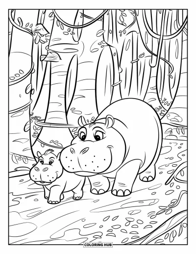 Coloriage d'hippopotame pour enfants : Un hippopotame et son petit marchent à travers une jungle sombre remplie de vignes et d'arbres