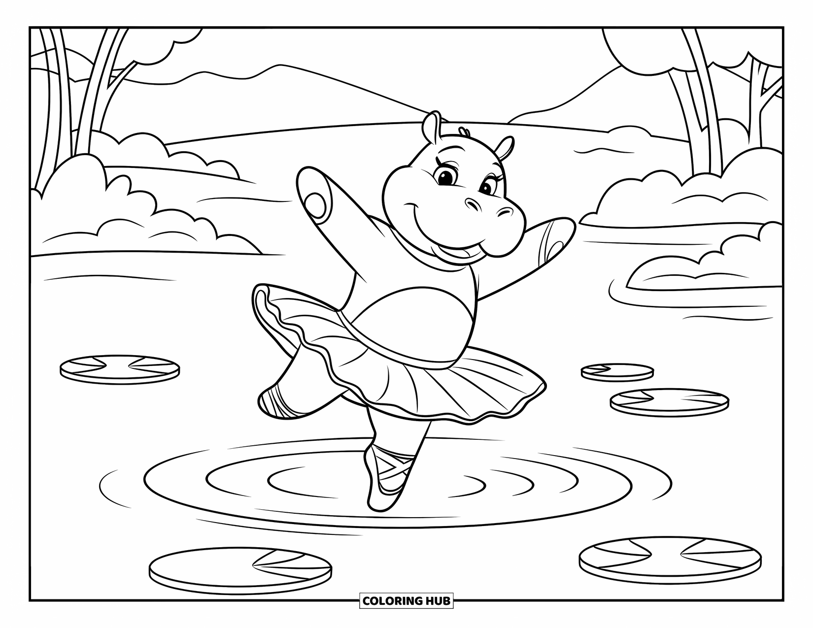 Disegno di ippopotamo da colorare per bambini: Un'ippopotama ballerina volteggia in acque poco profonde con montagne e ninfee intorno