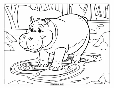 Coloriage d'hippopotame pour enfants : Un hippopotame crée des tourbillons boueux avec ses pieds près des arbres et des rochers