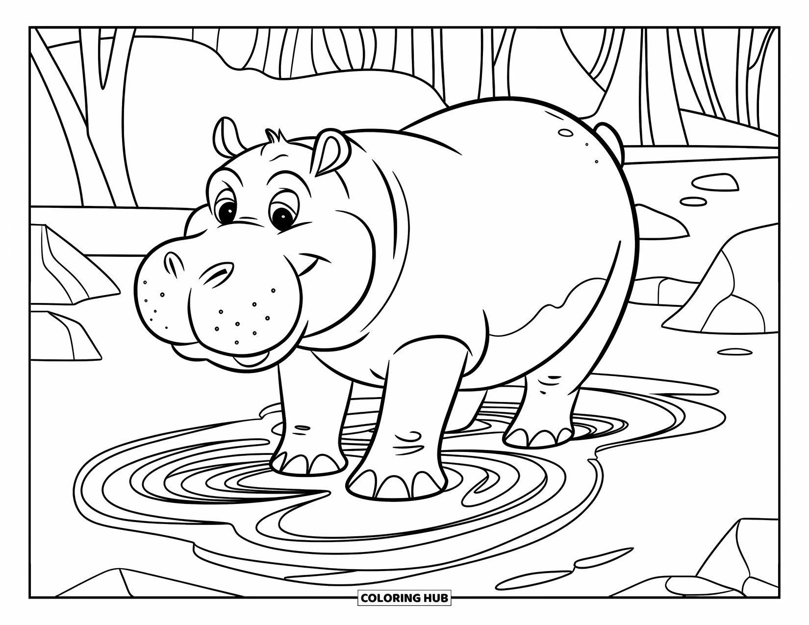 Disegno di ippopotamo da colorare per bambini: Un ippopotamo crea vortici fangosi con i suoi piedi vicino ad alberi e rocce