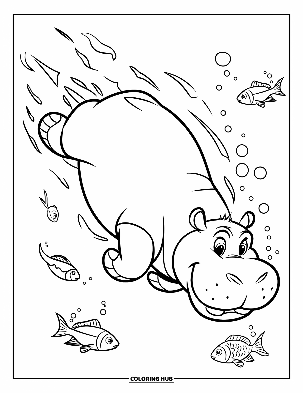 Disegno di ippopotamo da colorare per bambini: Un ippopotamo si immerge sott'acqua con pesci e bolle che galleggiano tutt'intorno