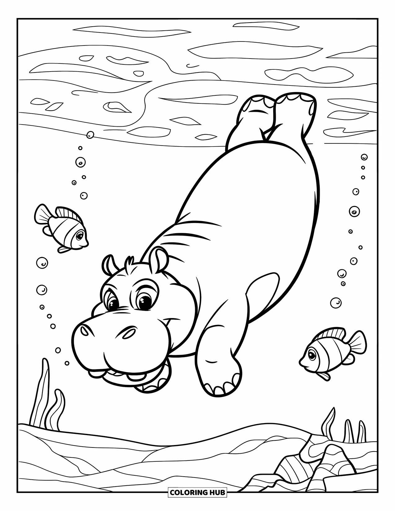 Disegno di ippopotamo da colorare per bambini: Un ippopotamo si immerge sott'acqua con pesci e bolle che galleggiano tutt'intorno