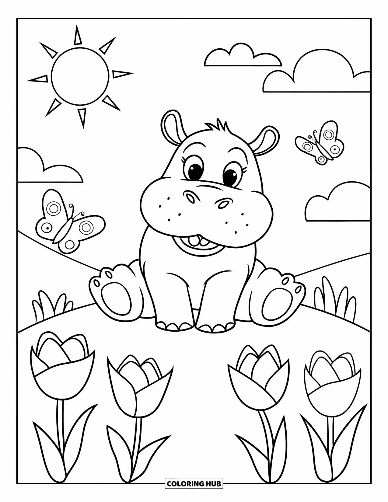 Disegno di ippopotamo da colorare per bambini: Un ippopotamo si gode una giornata di sole su una collina con fiori e due farfalle nelle vicinanze