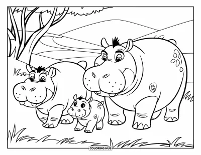 Coloriage d'hippopotame pour enfants : Une famille d'hippopotames marche ensemble à travers une savane herbeuse avec des arbres et des collines autour