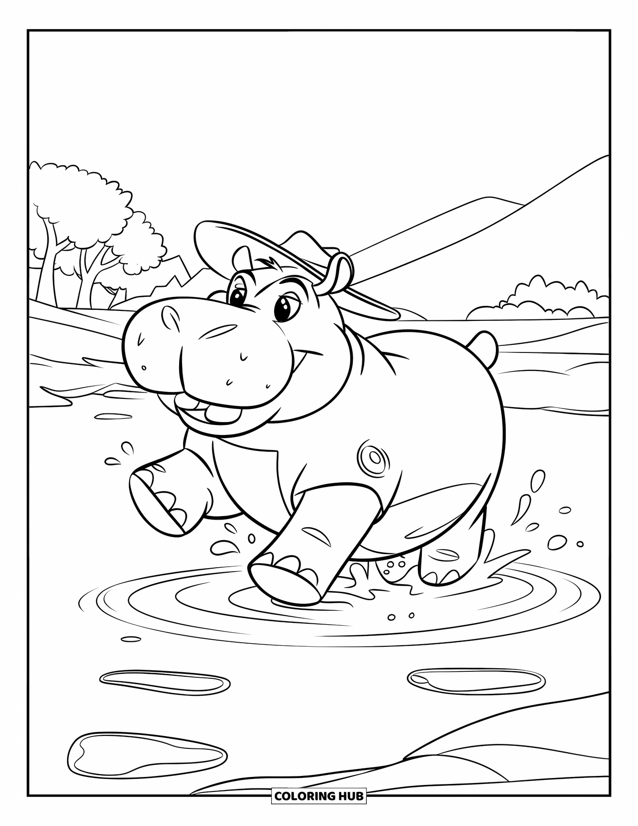Disegno di ippopotamo da colorare per bambini: Un ippopotamo con cappello e occhiali da sole sguazza in acque poco profonde vicino ad alberi e colline