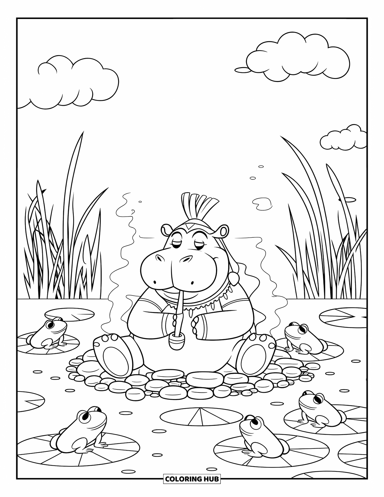 Disegno di ippopotamo da colorare per bambini: Un ippopotamo con un copricapo di foglie fuma una pipa in una palude tranquilla e nebbiosa
