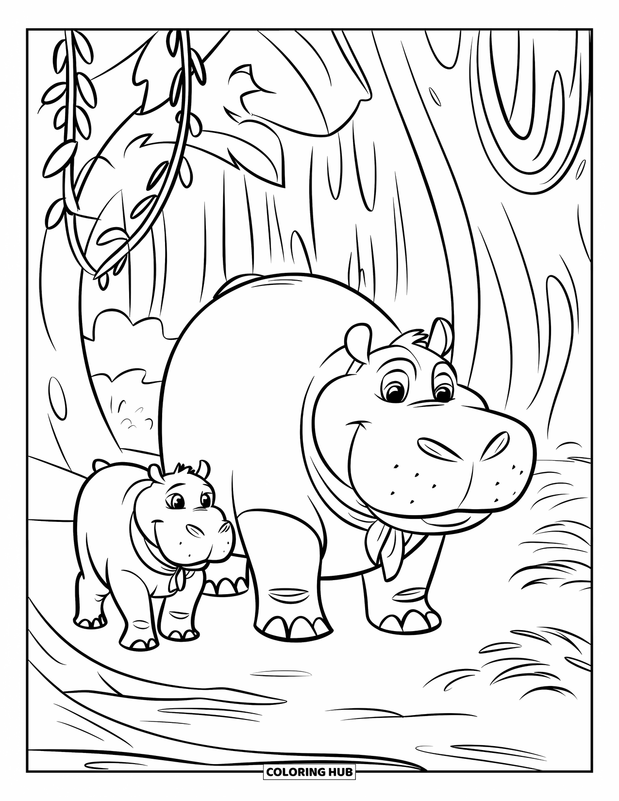 Disegno di ippopotamo da colorare per bambini: Un ippopotamo con una sciarpa cammina con il suo cucciolo attraverso un sentiero frondoso nella giungla