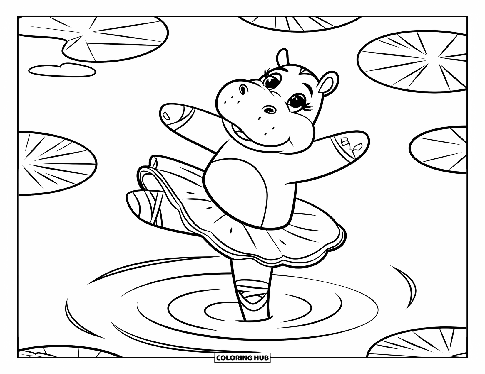 Disegno di ippopotamo da colorare per bambini: Un ippopotamo con un tutù gira con grazia in acque poco profonde con ninfee