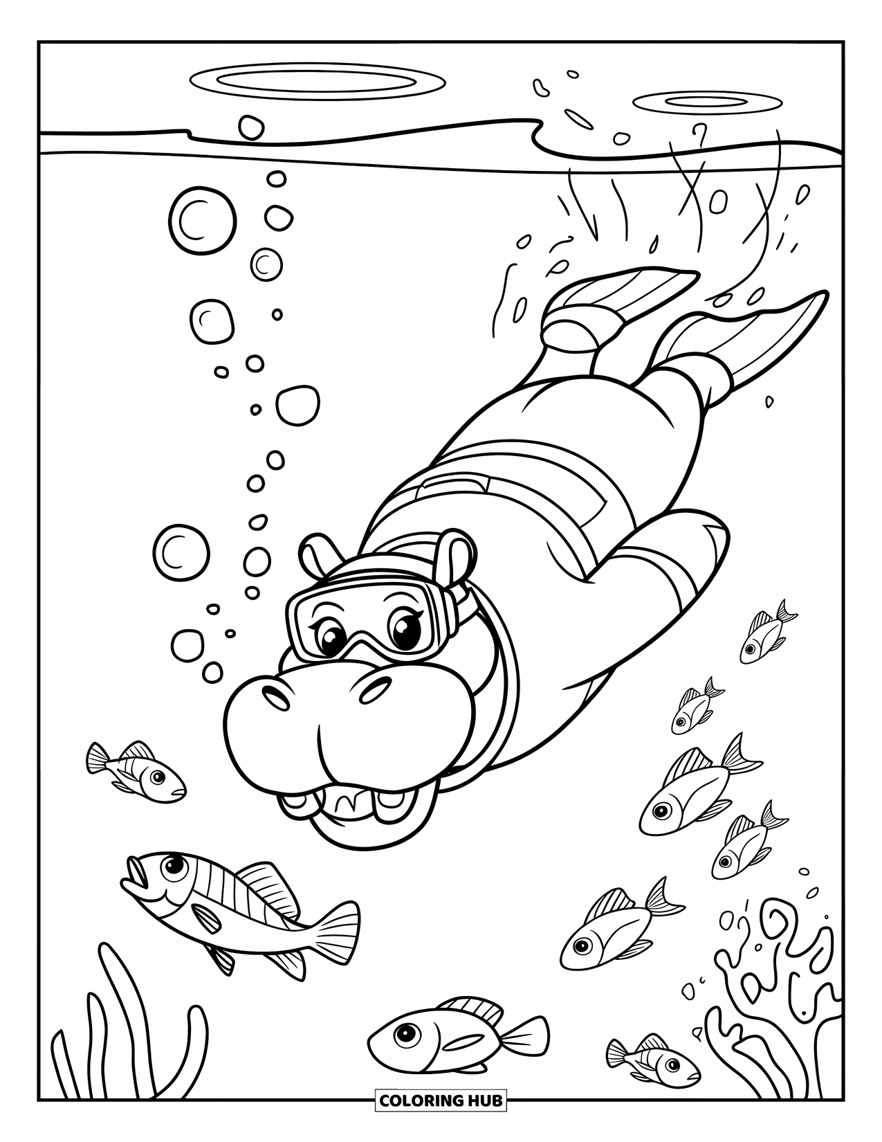 Disegno di ippopotamo da colorare per bambini: Un ippopotamo con attrezzatura da sub si immerge sott'acqua circondato da pesci giocosi e bolle