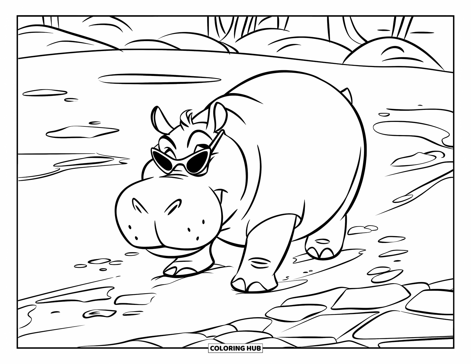 Disegno di ippopotamo da colorare per bambini: Un ippopotamo con occhiali da sole cammina attraverso pozzanghere vicino ad alberi e rocce