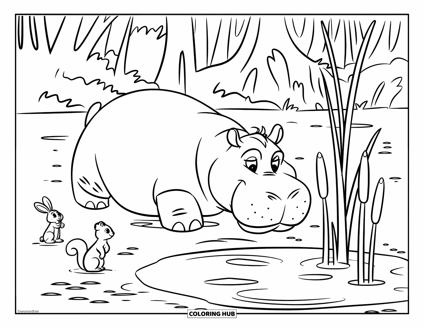 Disegno di ippopotamo da colorare per bambini: Un ippopotamo giace accanto a una pozza d'acqua con un coniglio, uno scoiattolo e una rana nelle vicinanze