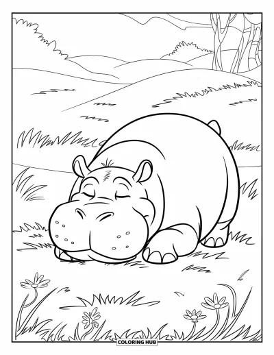 Coloriage d'hippopotame pour enfants : Un hippopotame est allongé joyeusement avec des fleurs à proximité et de douces collines au loin