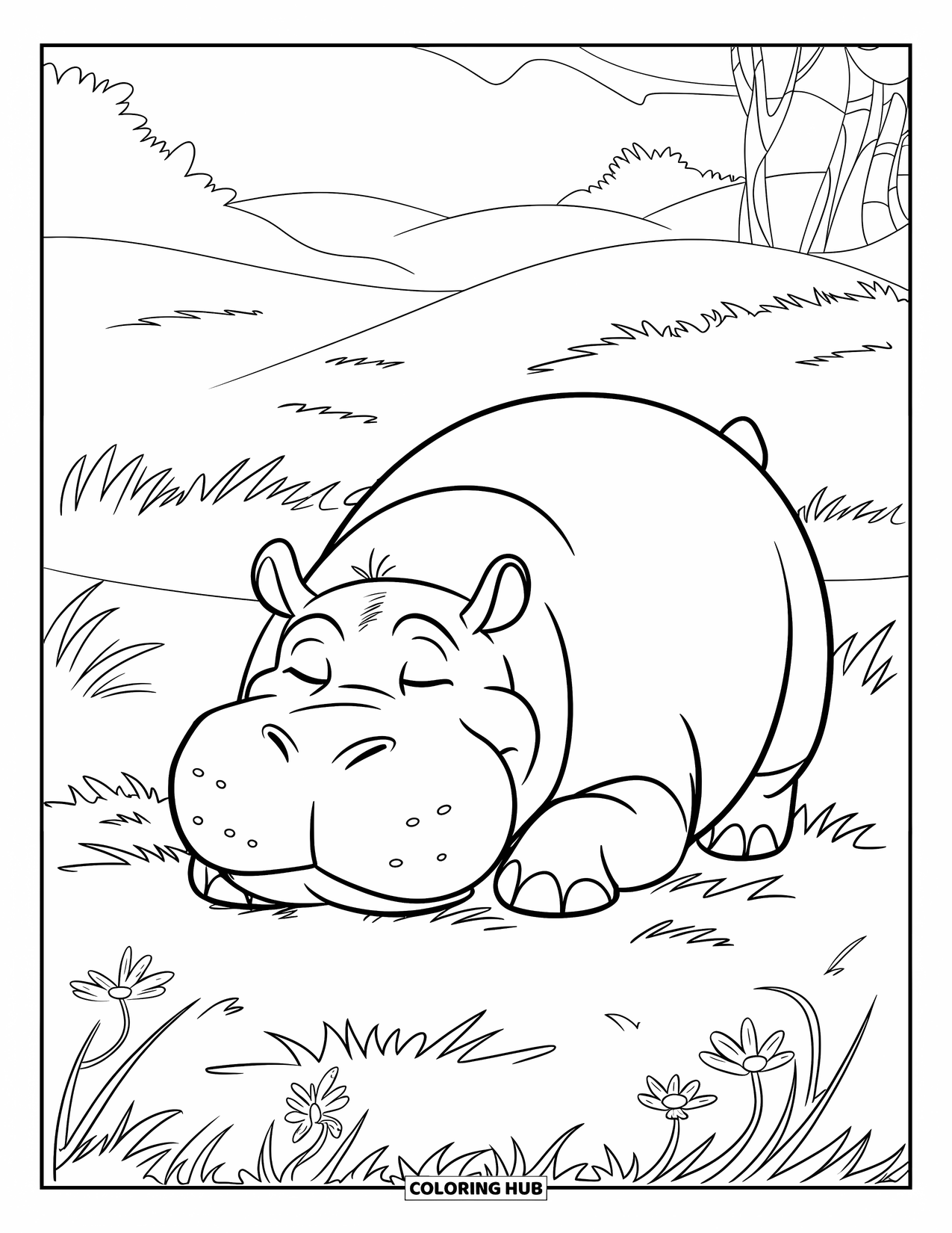 Disegno di ippopotamo da colorare per bambini: Un ippopotamo giace felicemente con fiori nelle vicinanze e dolci colline in lontananza