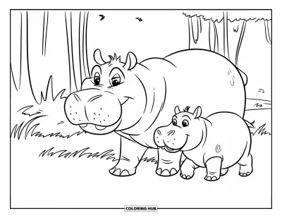 Coloriage d'hippopotame pour enfants : Une maman, un papa et un bébé hippopotame marchent à travers la savane avec des oiseaux qui volent au-dessus