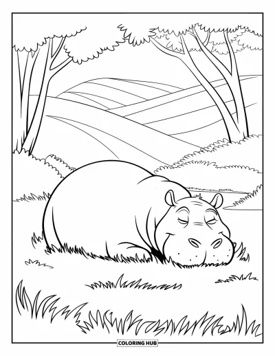 Coloriage d'hippopotame pour enfants : Un hippopotame fait la sieste dans une clairière herbeuse entourée d'arbres et de douces collines