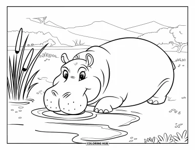 Coloriage d'hippopotame pour enfants : Un hippopotame se repose près d'un point d'eau avec de minuscules animaux et un paysage paisible