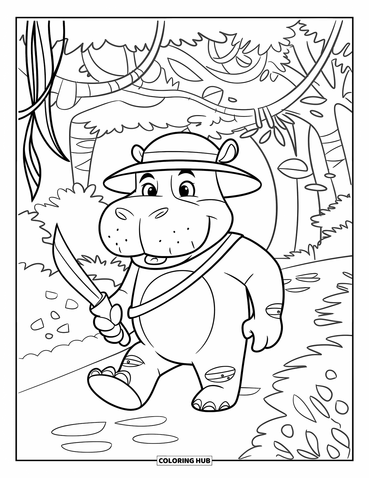 Disegno di ippopotamo da colorare per bambini: Un ippopotamo esploratore cammina attraverso la giungla indossando un elmetto e portando un machete