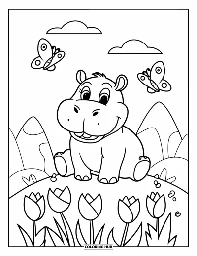 Coloriage d'hippopotame pour enfants : Un hippopotame est assis sur une colline entourée de tulipes et de papillons sous un ciel lumineux