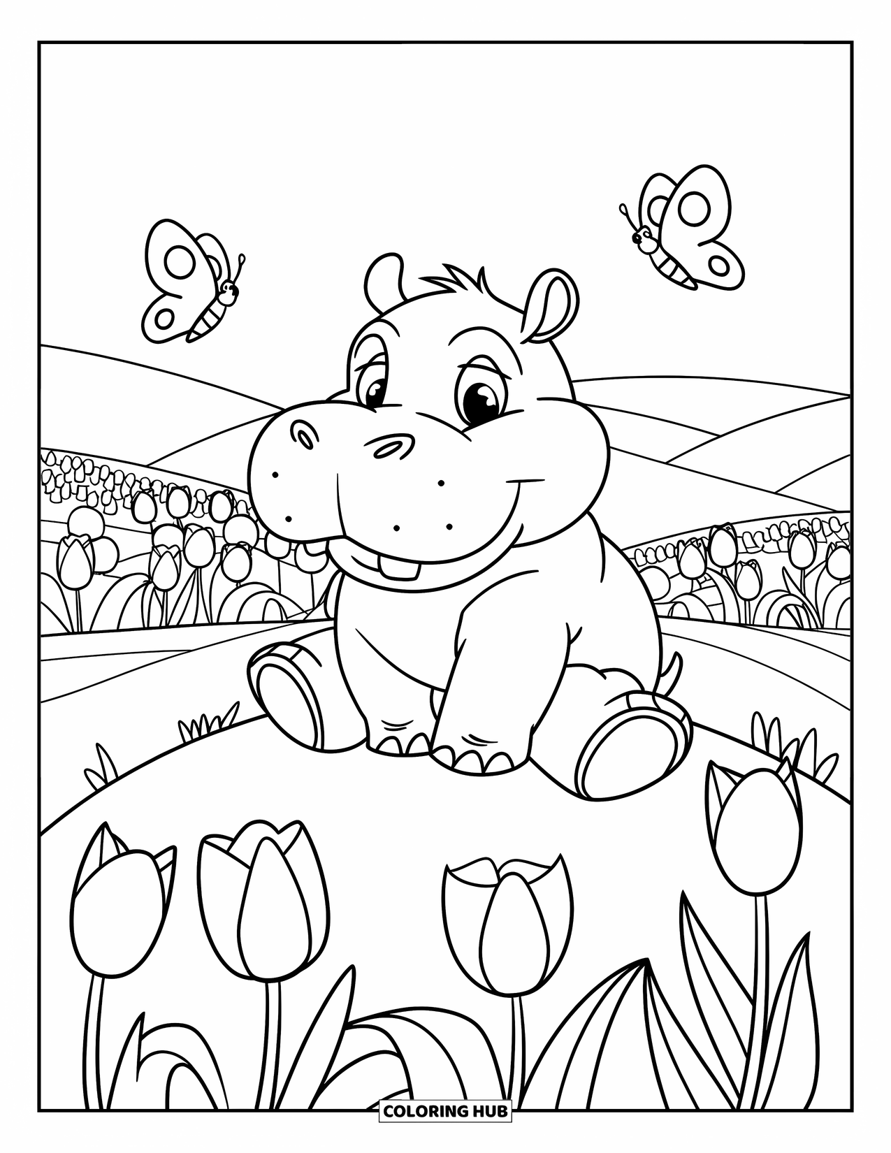 Disegno di ippopotamo da colorare per bambini: Un ippopotamo siede pacificamente tra i tulipani con farfalle in un campo soleggiato e tranquillo