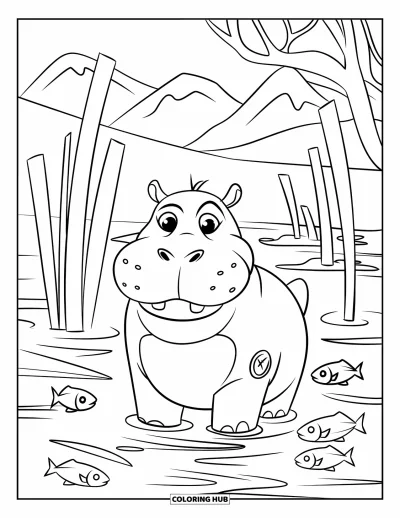 Coloriage d'hippopotame pour enfants : Un hippopotame se tient dans l'eau courante parmi des roseaux brillants et des poissons paisibles
