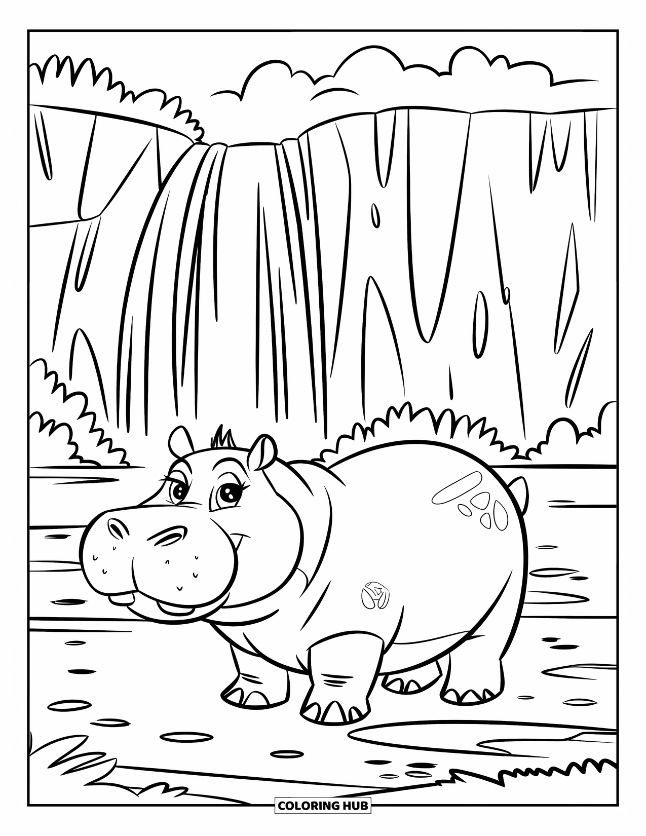 Disegno di ippopotamo da colorare per bambini: Un ippopotamo si trova vicino a un'alta cascata circondata da scogliere e vegetazione della giungla