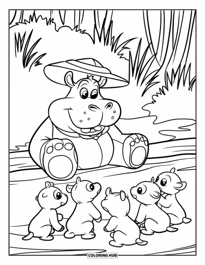 Coloriage d'hippopotame pour enfants : Un hippopotame conteur aux yeux écarquillés rassemble des animaux pour un conte amusant au bord de la rivière