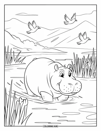 Coloriage d'hippopotames pour enfants : Un hippo patague dans une rivière tranquille avec des oiseaux en vol et des montagnes en arrière-plan