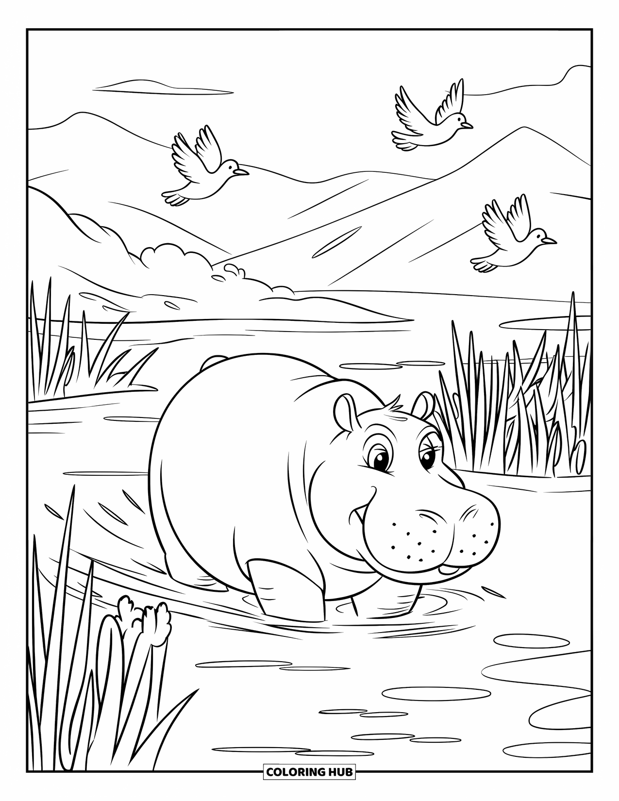 Disegno di ippopotamo da colorare per bambini: Un ippopotamo guada un fiume calmo con uccelli che volano sopra e montagne sullo sfondo