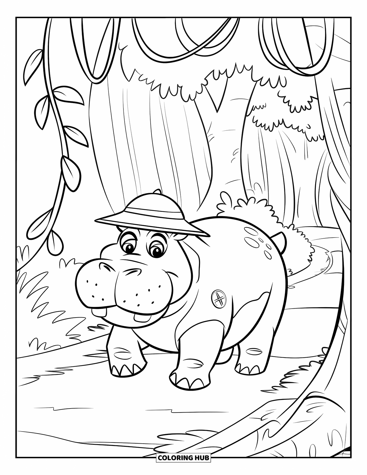 Disegno di ippopotamo da colorare per bambini: Un ippopotamo percorre un sentiero nella giungla sotto viti pendenti e alberi frondosi