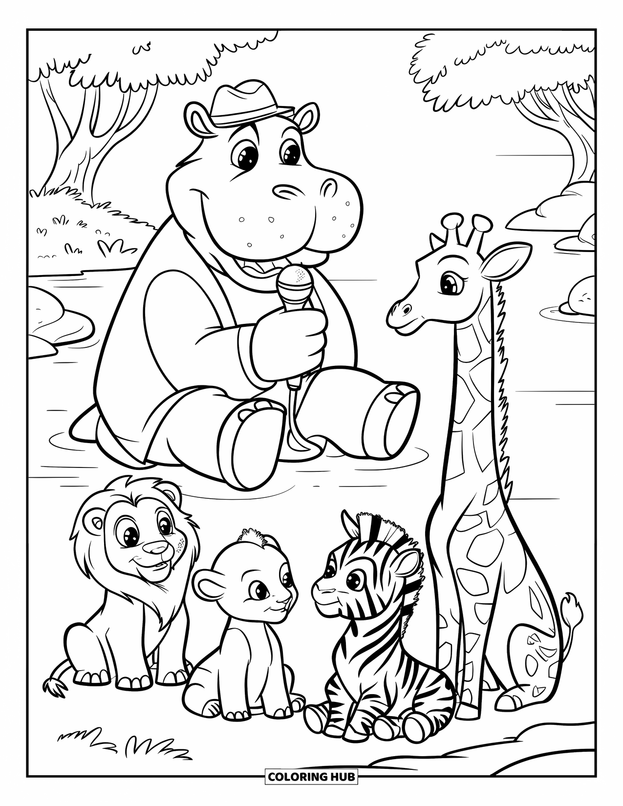 Disegno di ippopotamo da colorare per bambini: Un ippopotamo con un microfono racconta storie a cuccioli di animali sulla riva del fiume