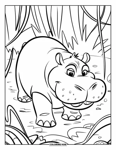 Coloriage d'hippopotame pour enfants : Un hippopotame aux yeux vifs marche à travers d'épaisses vignes de la jungle et de hautes herbes