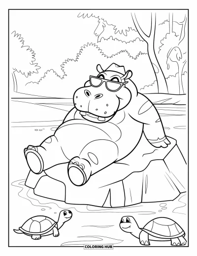 Coloriage d'hippopotame pour enfants : Un hippopotame avec des lunettes de soleil est allongé sur un rocher près des tortues et des arbres