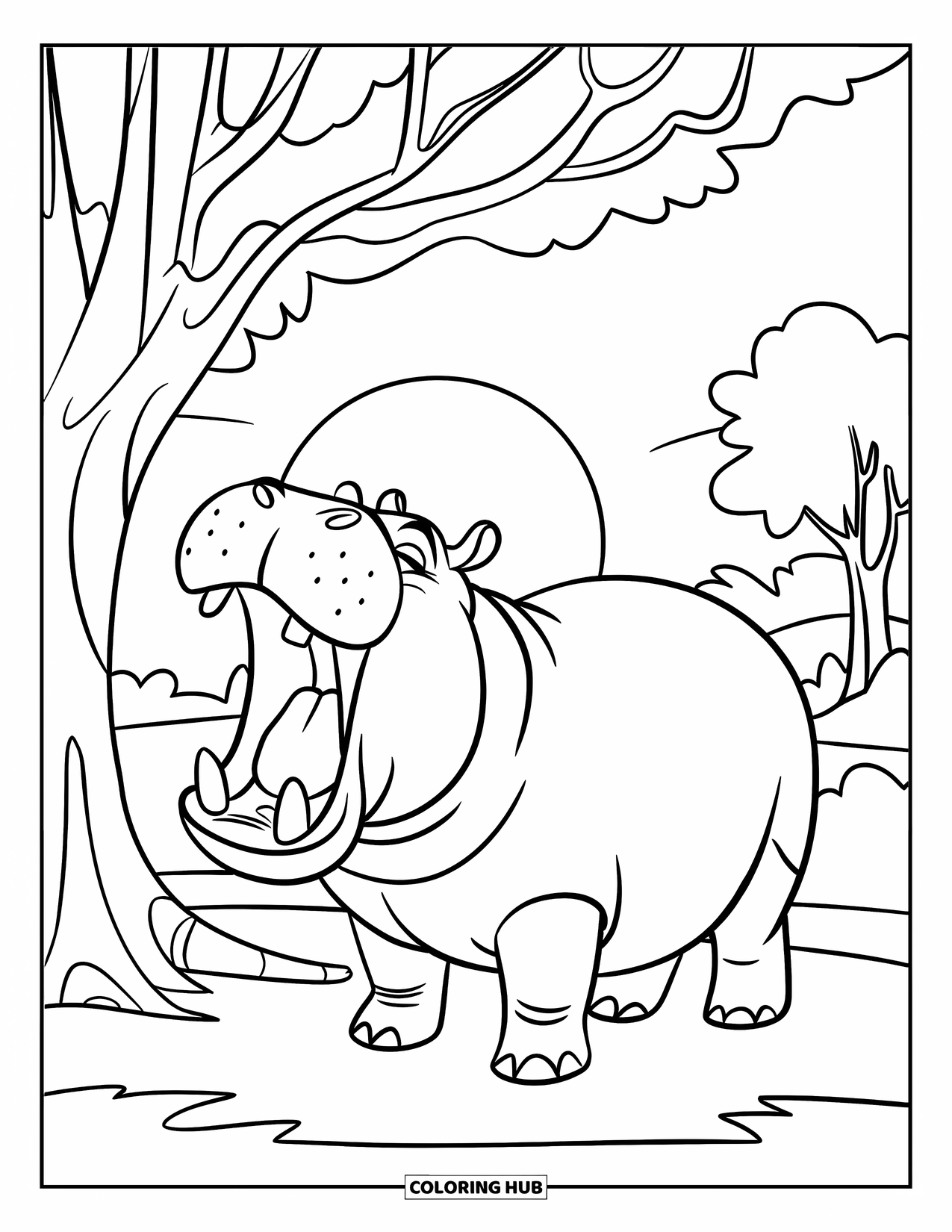 Disegno di ippopotamo da colorare per bambini: Un ippopotamo sbadiglia sotto un albero mentre il sole tramonta dietro la scena tranquilla