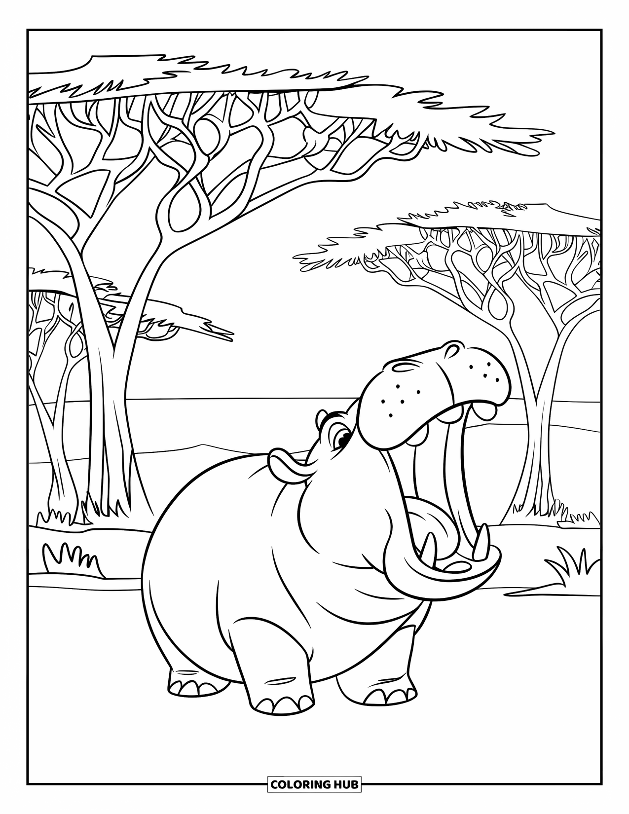 Disegno di ippopotamo da colorare per bambini: Un ippopotamo sbadiglia sotto un caldo cielo al tramonto e alberi alti e contorti
