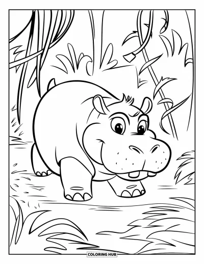 Coloriage d'hippopotame pour enfants : Un hippopotame éclaireur de la jungle se déplace à travers les vignes et les hautes herbes avec des yeux alertes