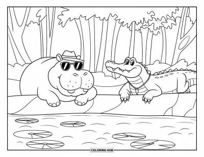 Coloriage d'hippopotame pour enfants : Un hippopotame et un crocodile décontractés se détendent près de la rivière sous de grands arbres forestiers