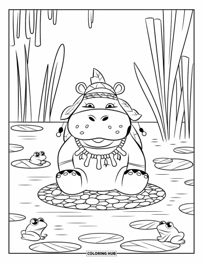 Coloriage d'hippopotame pour enfants : Un hippopotame chaman paisible est assis dans des pierres entouré de grenouilles et de brume de marais