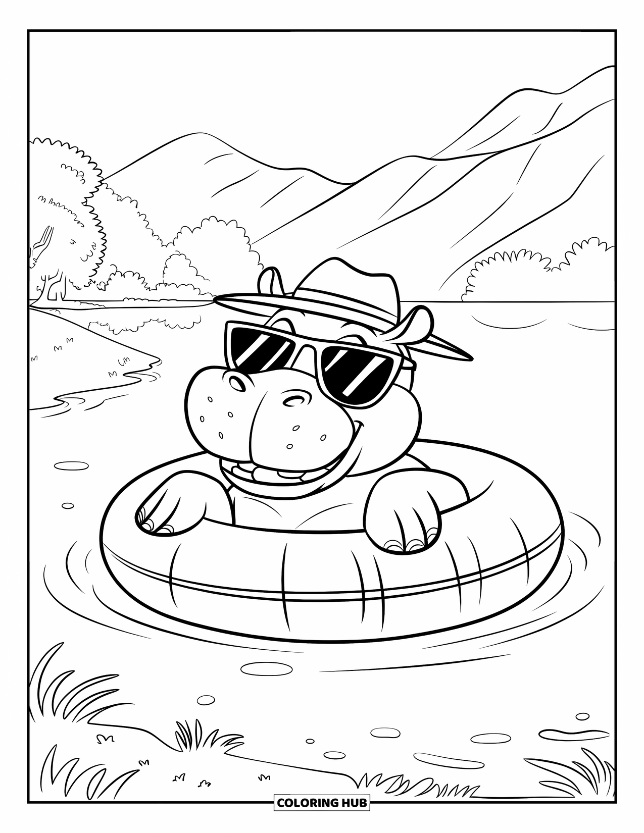 Disegno di ippopotamo da colorare per bambini: Un ippopotamo rilassato galleggia sul lago con montagne e alberi tutt'intorno