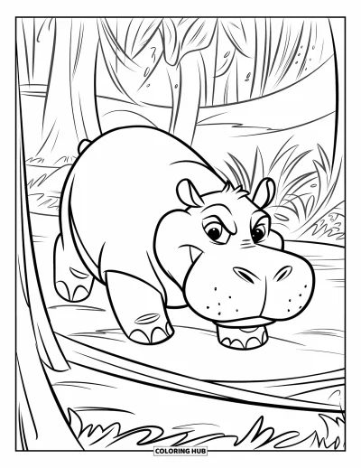 Coloriage d'hippopotame pour enfants : Un hippopotame éclaireur navigue dans les hautes herbes et les vignes de la jungle avec un regard perçant