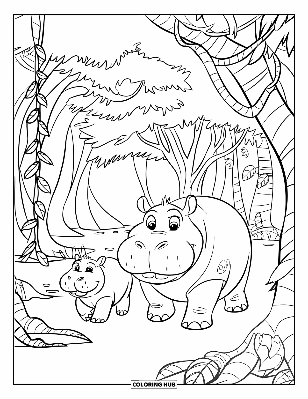 Disegno di ippopotamo da colorare per bambini: Un ippopotamo sorridente e il suo cucciolo passeggiano tra alberi frondosi e viti tortuose della giungla