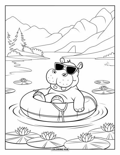 Coloriage d'hippopotame pour enfants : Un hippopotame souriant flotte sur l'eau entouré de lys et de paysages paisibles
