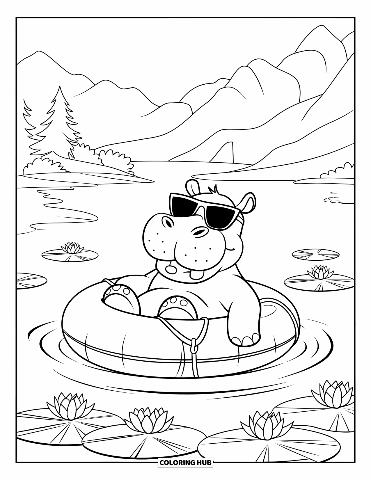 Disegno di ippopotamo da colorare per bambini: Un ippopotamo sorridente galleggia sull'acqua circondato da gigli e uno scenario tranquillo