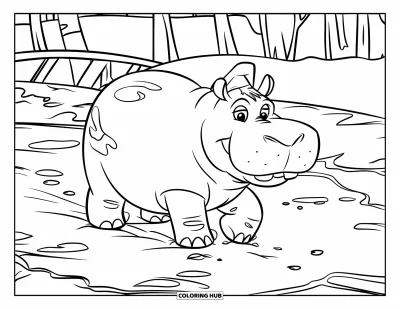 Coloriage d'hippopotame pour enfants : Un hippopotame souriant avec un chapeau se promène près des flaques d'eau avec des arbres et un pont à proximité