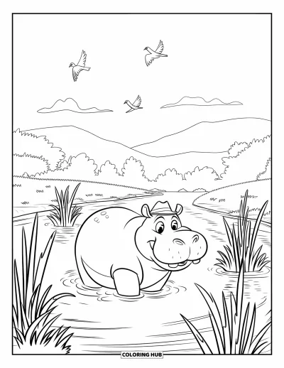 Coloriage d'hippopotame pour enfants : Un hippopotame souriant avec un chapeau marche dans la rivière avec des oiseaux et de grands roseaux