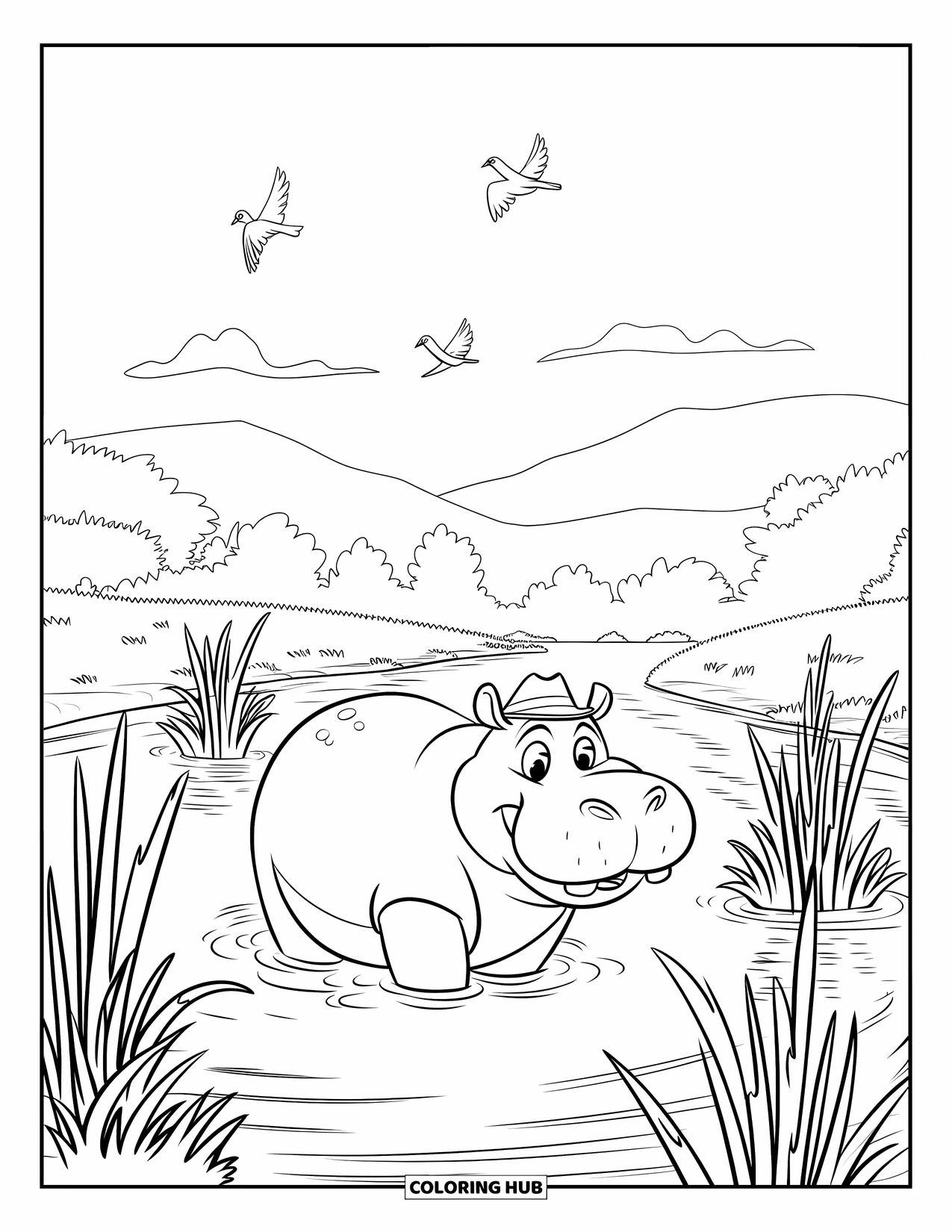 Disegno di ippopotamo da colorare per bambini: Un ippopotamo sorridente con un cappello cammina attraverso il fiume con uccelli e alte canne
