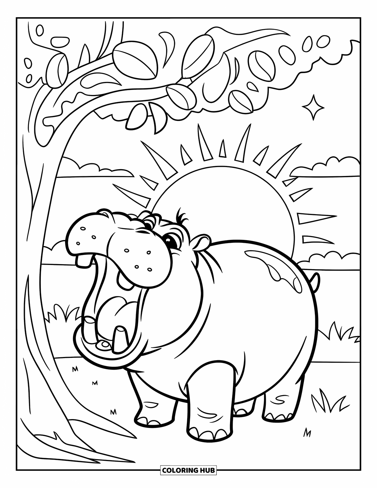 Disegno di ippopotamo da colorare per bambini: Un ippopotamo sorridente sbadiglia sotto un albero frondoso con un tramonto dorato dietro