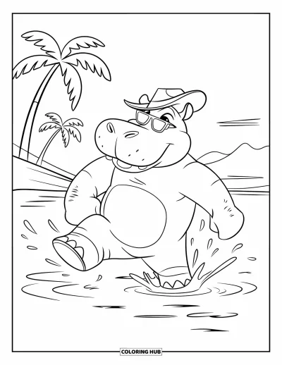 Coloriage d'hippopotame pour enfants : Un hippopotame élégant éclabousse l'eau près des palmiers et d'un ciel ouvert