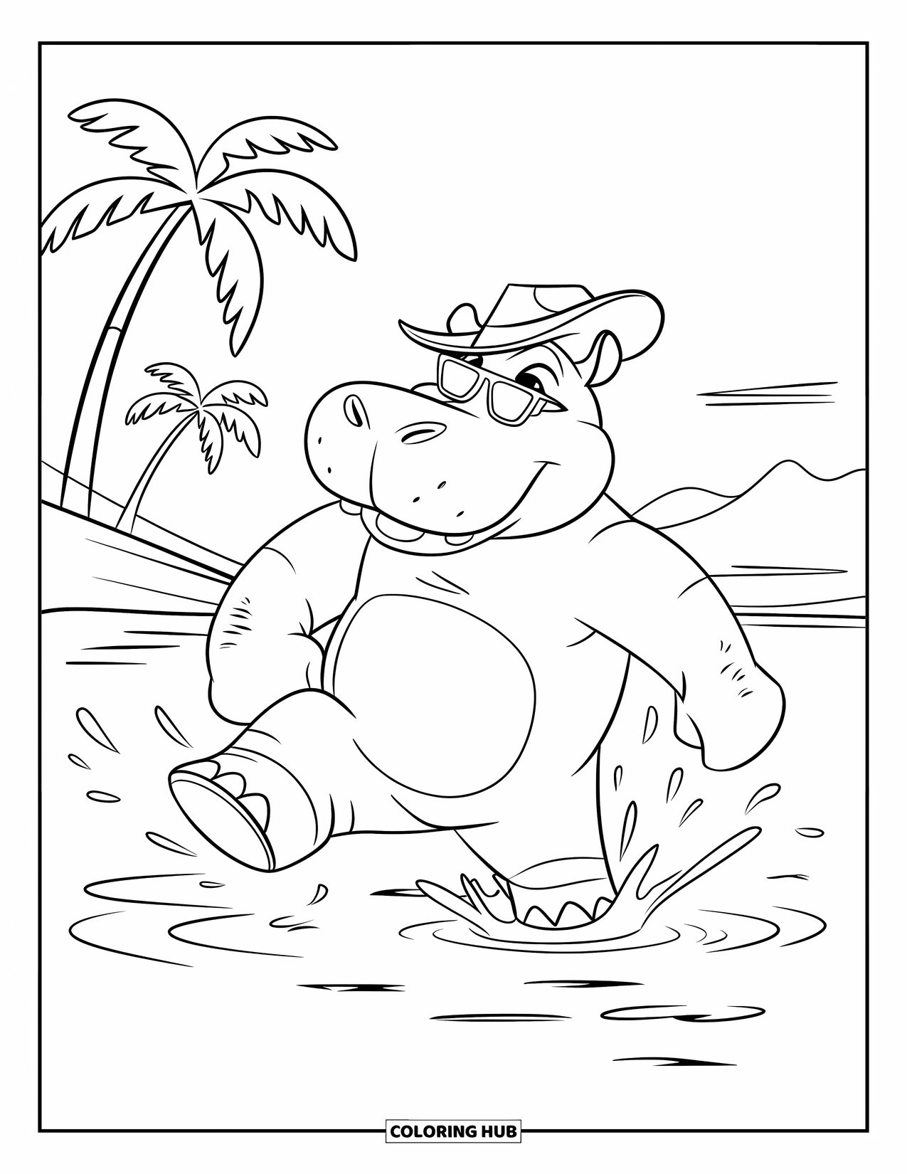 Disegno di ippopotamo da colorare per bambini: Un ippopotamo alla moda sguazza nell'acqua vicino a palme e un cielo aperto